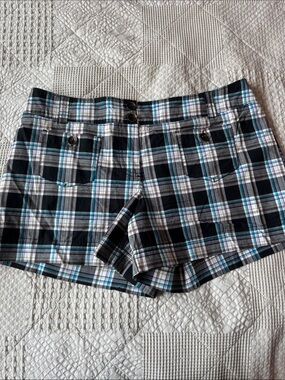 New York & Company Black, White & Teal Plaid Jean Shorts